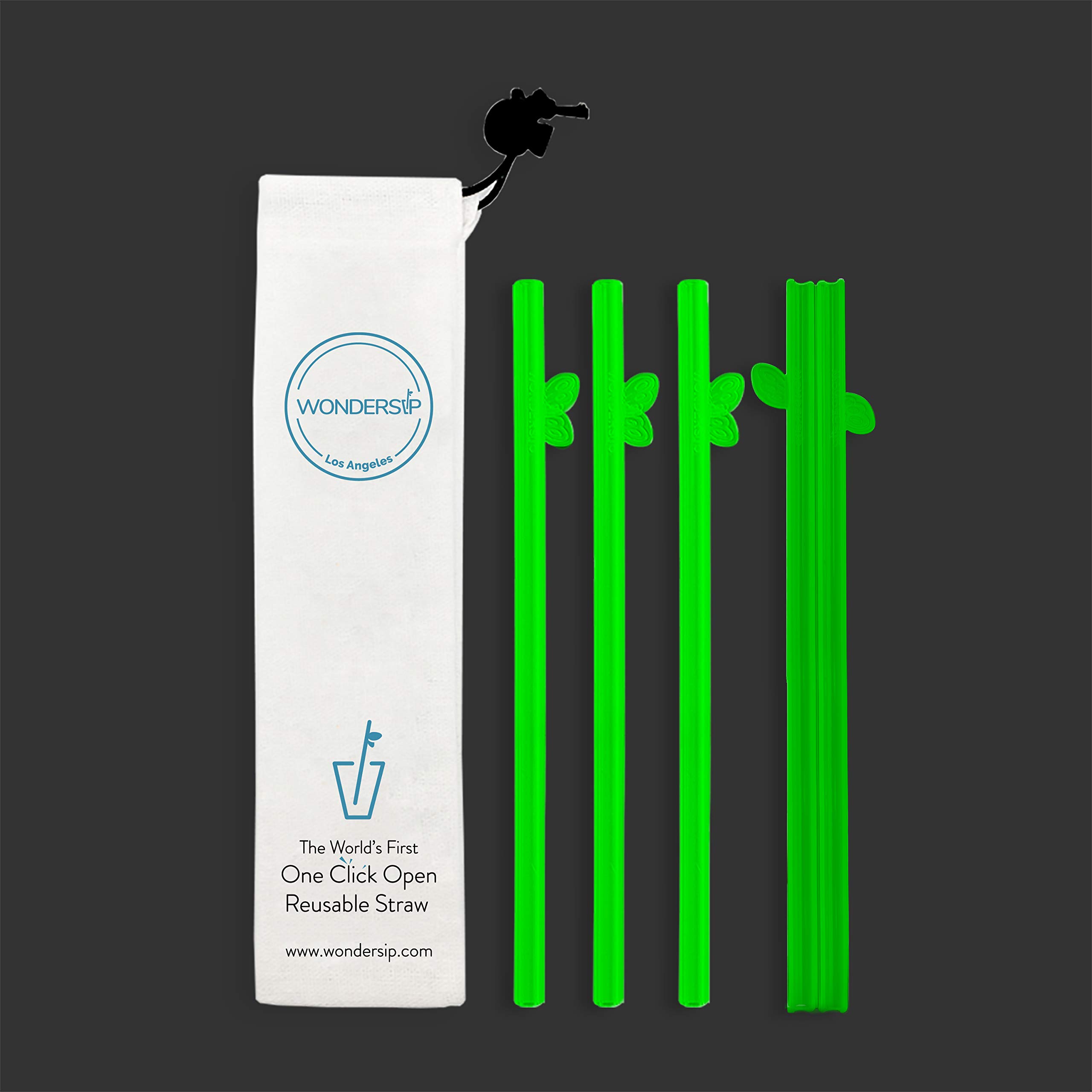 WonderSip One-Click Open Reusable Straw for Easy and Effective Cleaning, No Brush Needed! - Glow in The Dark - 4 Straw Pack with Pouch (Butterfly Standard 8")