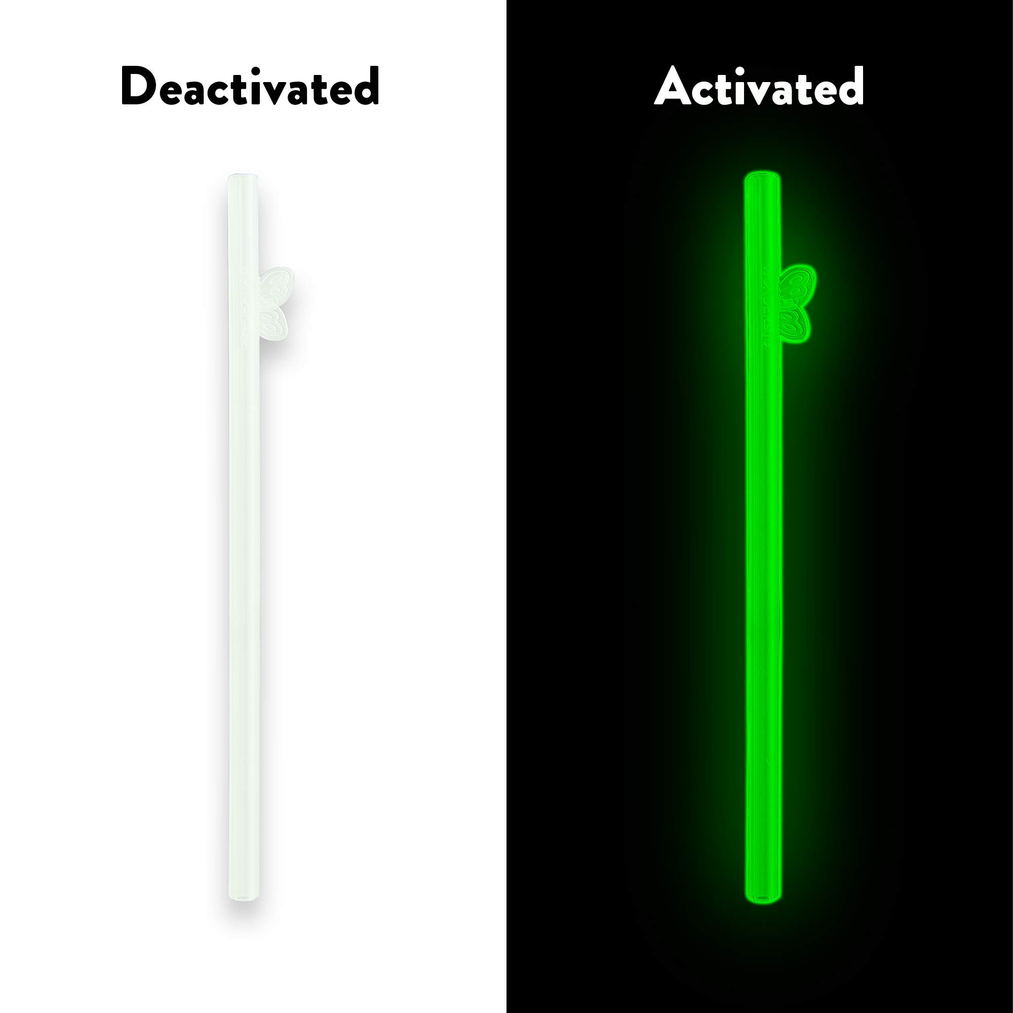 WonderSip One-Click Open Reusable Straw for Easy and Effective Cleaning, No Brush Needed! - Glow in The Dark - 4 Straw Pack with Pouch (Butterfly Standard 8")