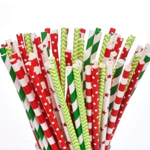 Paper Straws Decorative Drinking Straws for Christmas New Year Party Decoration, 125 Pieces, Multi Patterns, with 6 Black Stickers (Red and Green)