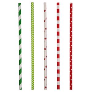 Paper Straws Decorative Drinking Straws for Christmas New Year Party Decoration, 125 Pieces, Multi Patterns, with 6 Black Stickers (Red and Green)