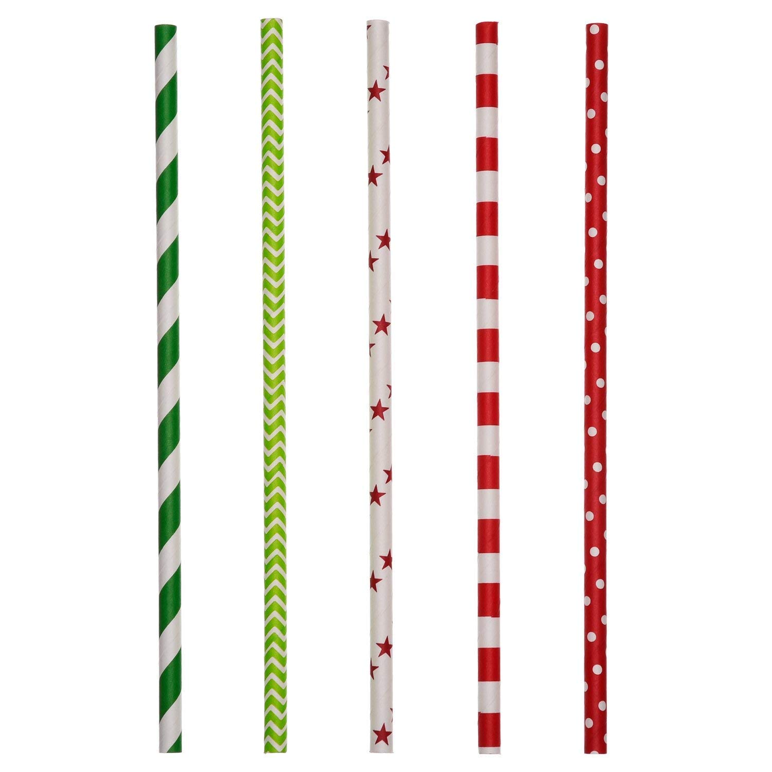 Paper Straws Decorative Drinking Straws for Christmas New Year Party Decoration, 125 Pieces, Multi Patterns, with 6 Black Stickers (Red and Green)