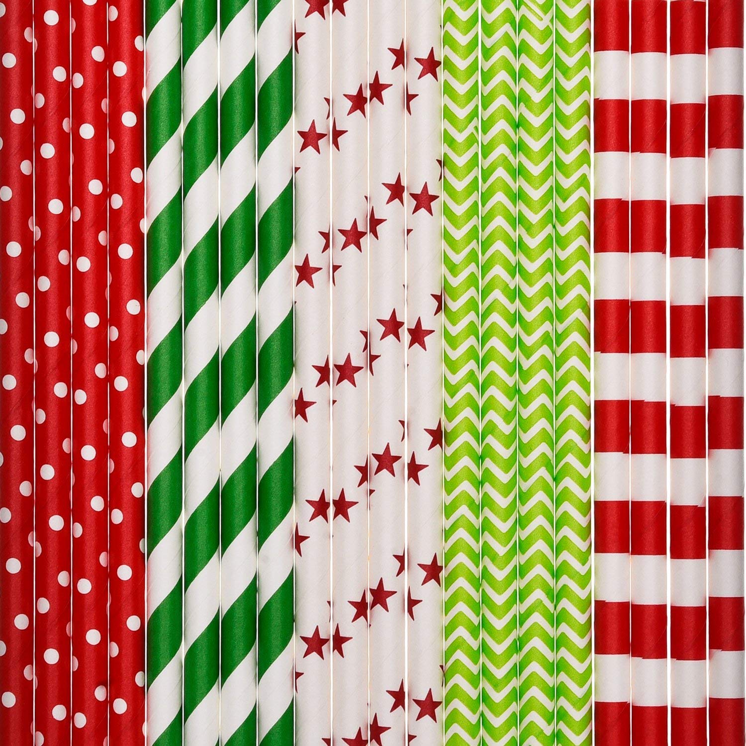 Paper Straws Decorative Drinking Straws for Christmas New Year Party Decoration, 125 Pieces, Multi Patterns, with 6 Black Stickers (Red and Green)