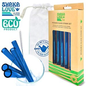 SHAKA LOVE Reusable Glass Drinking Straw Set- Stylish, Durable, Shatter-Resistant - Set of 5 Colorful Blue Glass Drinking Straws with Cleaning Tool & Travel Carry Bag (Ocean Blue, 9)