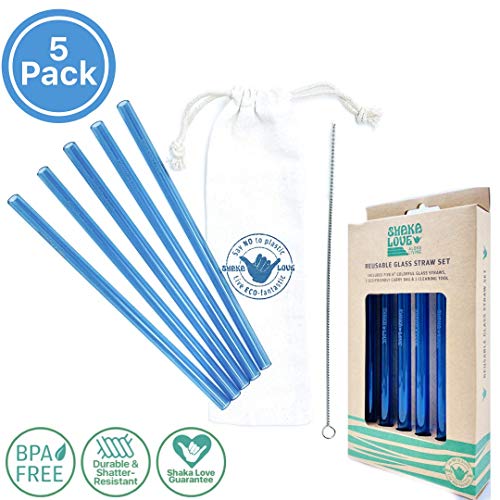 SHAKA LOVE Reusable Glass Drinking Straw Set- Stylish, Durable, Shatter-Resistant - Set of 5 Colorful Blue Glass Drinking Straws with Cleaning Tool & Travel Carry Bag (Ocean Blue, 9)