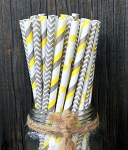 charmed yellow and grey paper straw mix pack of 75 in stripe, chevron and polka design