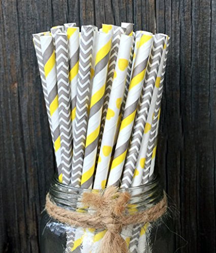 Charmed yellow and grey paper straw mix pack of 75 in stripe, chevron and polka design