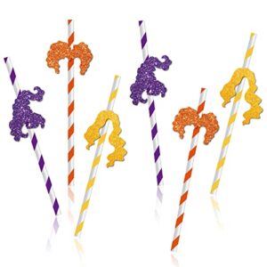 whaline halloween paper straws hocus pocus glitter witch disposable paper straws with glue points yellow orange purple stripe witch drinking straws for halloween party supplies decoration, 30pcs