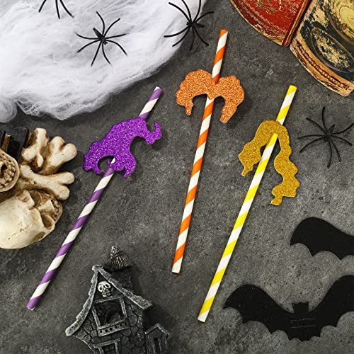 Whaline Halloween Paper Straws Hocus Pocus Glitter Witch Disposable Paper Straws with Glue Points Yellow Orange Purple Stripe Witch Drinking Straws for Halloween Party Supplies Decoration, 30Pcs