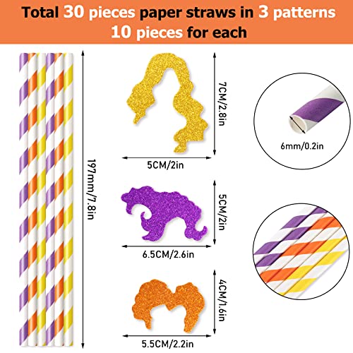 Whaline Halloween Paper Straws Hocus Pocus Glitter Witch Disposable Paper Straws with Glue Points Yellow Orange Purple Stripe Witch Drinking Straws for Halloween Party Supplies Decoration, 30Pcs