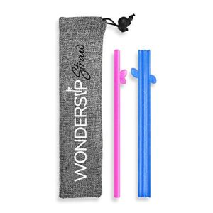 wondersip butterfly standard 2pcs pack - 8” food grade plastic reusable straws featuring one-piece, one-click open technology for brush-free cleaning - bps free (glitter pink/blue)