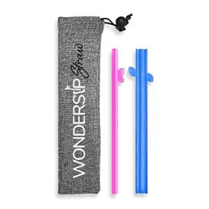 WonderSip Butterfly Standard 2pcs Pack - 8” Food Grade Plastic Reusable Straws Featuring One-Piece, One-Click Open Technology for Brush-Free Cleaning - BPS Free (Glitter Pink/Blue)