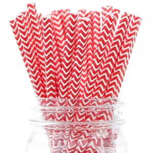 cleverdelights red chevron paper straws - 100 pack - biodegradable drinking straws