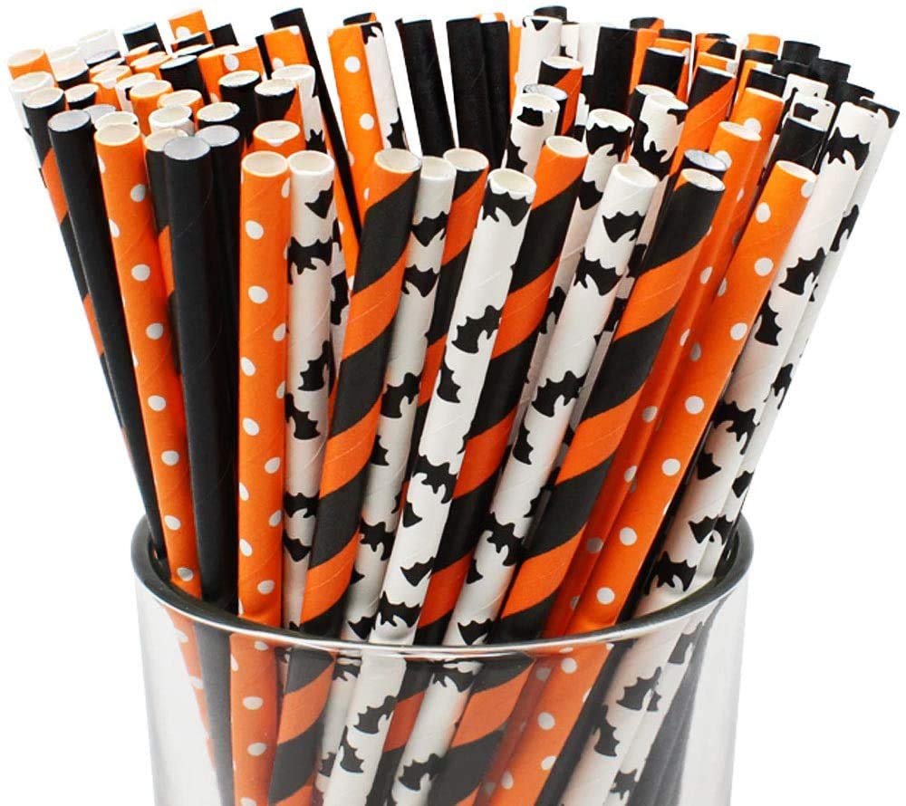 Shuiniba Halloween Paper Straws, Biodegradable Pumpkin Skull Striped Wavy Dot Paper Straws,Paper Drinking Straws for Party, Events and Crafts,Baby Shower Decorations 7.75 Inches,100 Packs - Mix Style