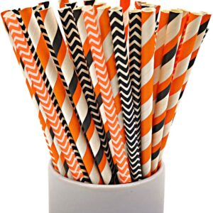 Shuiniba Halloween Paper Straws, Biodegradable Pumpkin Skull Striped Wavy Dot Paper Straws,Paper Drinking Straws for Party, Events and Crafts,Baby Shower Decorations 7.75 Inches,100 Packs - Mix Style