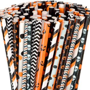 Shuiniba Halloween Paper Straws, Biodegradable Pumpkin Skull Striped Wavy Dot Paper Straws,Paper Drinking Straws for Party, Events and Crafts,Baby Shower Decorations 7.75 Inches,100 Packs - Mix Style