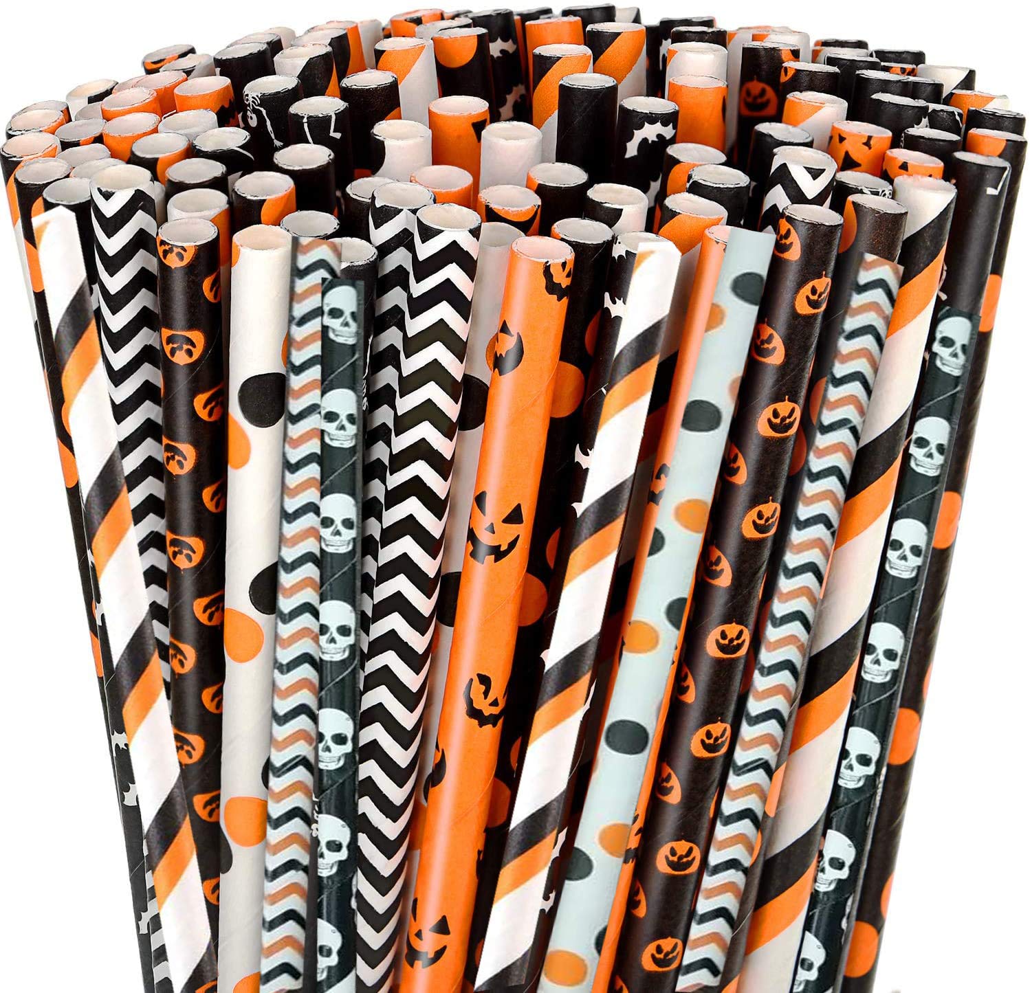 Shuiniba Halloween Paper Straws, Biodegradable Pumpkin Skull Striped Wavy Dot Paper Straws,Paper Drinking Straws for Party, Events and Crafts,Baby Shower Decorations 7.75 Inches,100 Packs - Mix Style