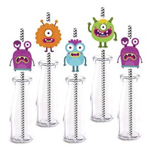 monster party straw decor, 24-pack little monster baby shower or kids birthday party decorations, paper decorative straws