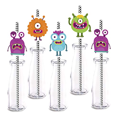 Monster Party Straw Decor, 24-Pack Little Monster Baby Shower Or Kids Birthday Party Decorations, Paper Decorative Straws