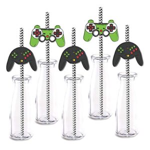 video game party straw decor, 24-pack gaming baby shower kids birthday party decorations, paper decorative straws