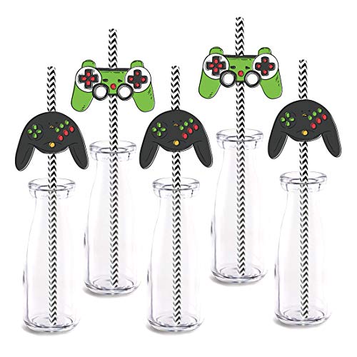 Video Game Party Straw Decor, 24-Pack Gaming Baby Shower Kids Birthday Party Decorations, Paper Decorative Straws