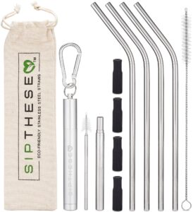 sipthese collapsible straw with retractable cleaning brush in keychain. 4 angled stainless steel straws with silicone tips. 1 straw cleaning brush and travel bag. eco friendly reusable straws