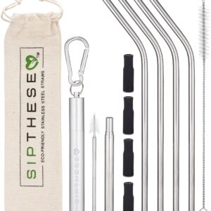 SipThese Collapsible Straw With Retractable Cleaning Brush In Keychain. 4 Angled Stainless Steel Straws With Silicone Tips. 1 Straw Cleaning Brush And Travel Bag. Eco Friendly Reusable Straws