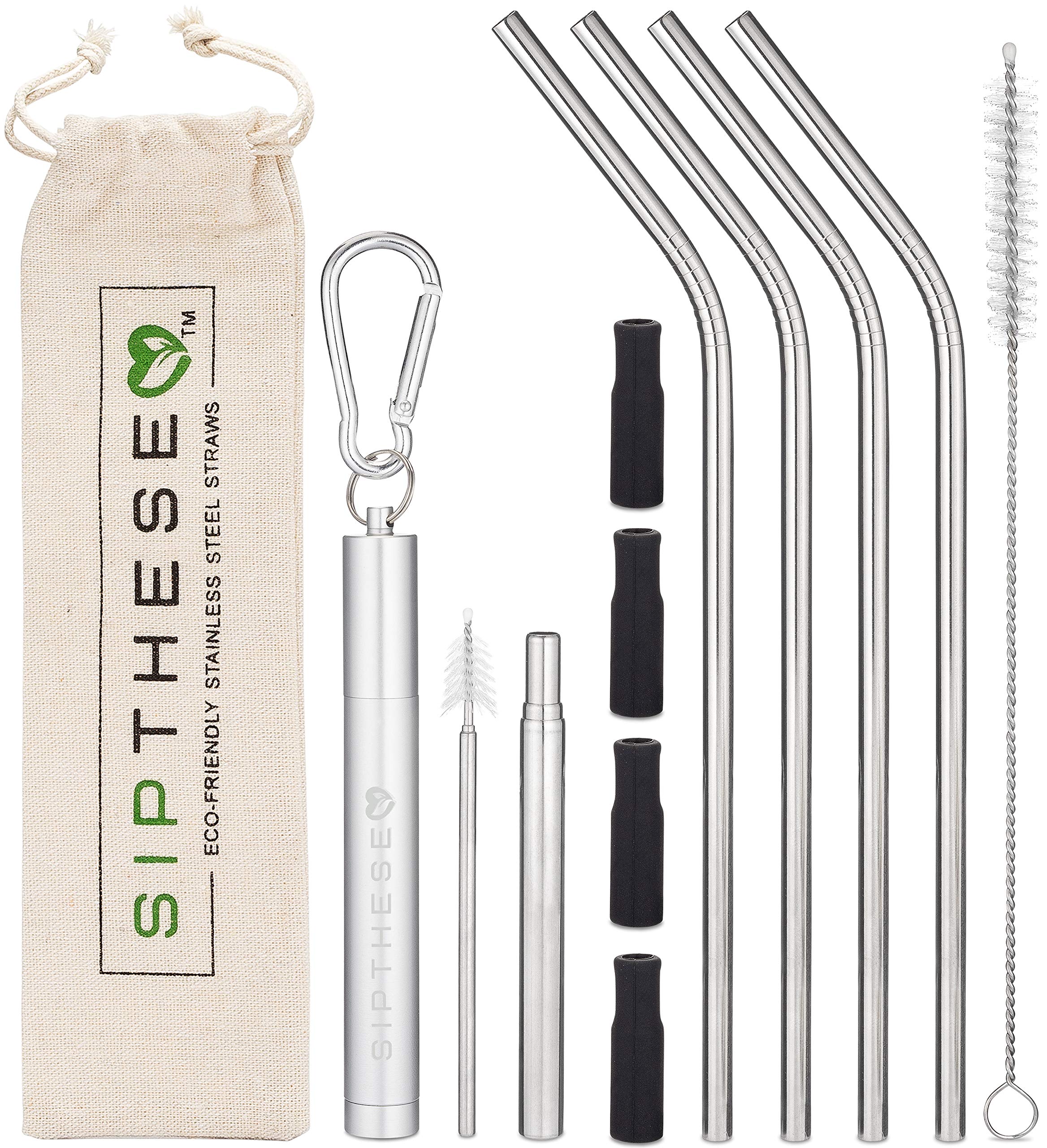 SipThese Collapsible Straw With Retractable Cleaning Brush In Keychain. 4 Angled Stainless Steel Straws With Silicone Tips. 1 Straw Cleaning Brush And Travel Bag. Eco Friendly Reusable Straws