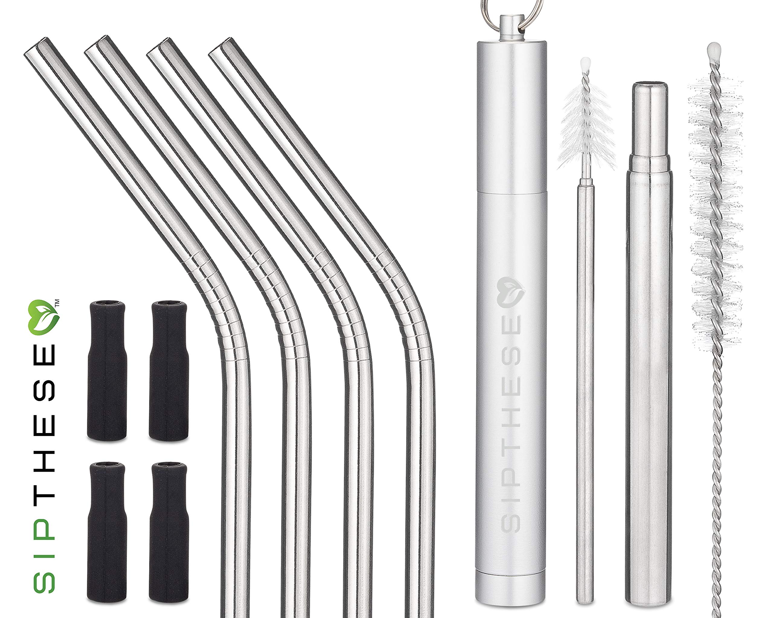 SipThese Collapsible Straw With Retractable Cleaning Brush In Keychain. 4 Angled Stainless Steel Straws With Silicone Tips. 1 Straw Cleaning Brush And Travel Bag. Eco Friendly Reusable Straws