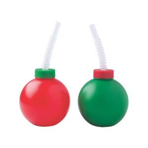 fun express 12 pieces christmas bulb cups with straws, holds 14 oz, bpa free plastic, christmas party supplies, red & green