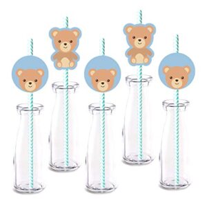 blue bear straw decor, 24-pack boy baby shower birthday party decorations, paper decorative straws