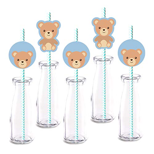 Blue bear Straw Decor, 24-Pack Boy Baby Shower Birthday Party Decorations, Paper Decorative Straws