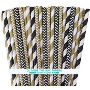 outside the box papers black and gold chevron and striped paper straws 7.75 inches 100 pack black, gold, white