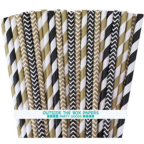 Outside the Box Papers Black and Gold Chevron and Striped Paper Straws 7.75 Inches 100 Pack Black, Gold, White