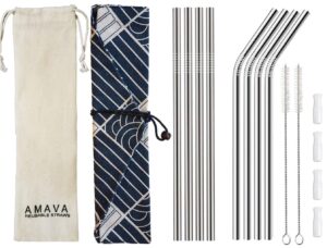 reusable straws set, stainless steel metal with silicone tips, silver, includes 8 straws, silicone straw tips + 2 cleaning brushes, and 2 travel pouches, draw string bag and wrap bag by amava