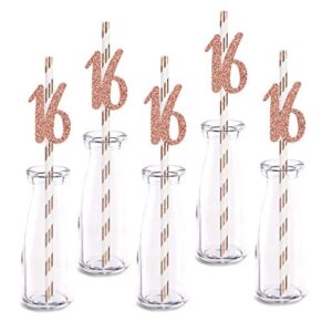 rose happy 16th birthday straw decor, rose gold glitter 24pcs cut-out number 16 party drinking decorative straws, supplies