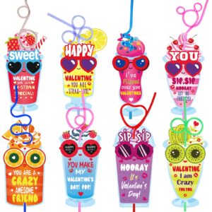 Valentines Day Cards, 32 Pack Crazy Straws Bulk, Silly Straws for Kids Colorful Valentine Exchange Cards Loop Reusable Drinking Straws Valentine Gifts for Classroom Boys Girl School Party Game Favor