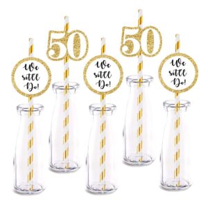 50th anniversary straw decor, 24-pack gold 50th anniversary party supply decorations, paper decorative straws