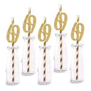 69th birthday paper straw decor, 24-pack real gold glitter cut-out numbers happy 69 years party decorative straws