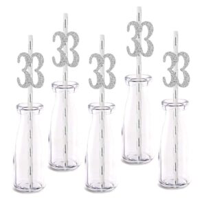 silver happy 33rd birthday straw decor, silver glitter 24pcs cut-out number 33 party drinking decorative straws, supplies