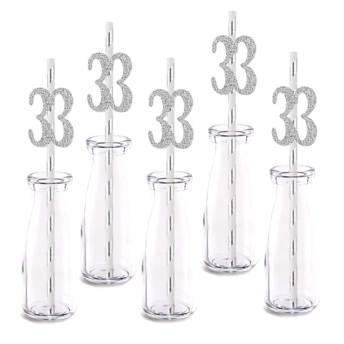 Silver Happy 33rd Birthday Straw Decor, Silver Glitter 24pcs Cut-Out Number 33 Party Drinking Decorative Straws, Supplies