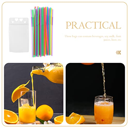 UPKOCH Clear Drink Pouches Bags Smoothie Bags Reclosable Zipper Heavy Duty Hand- held Translucent Stand- up Plastic Pouches Bags Drinking Bags Bottom Gusset with 100pcs Straws