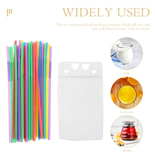 UPKOCH Clear Drink Pouches Bags Smoothie Bags Reclosable Zipper Heavy Duty Hand- held Translucent Stand- up Plastic Pouches Bags Drinking Bags Bottom Gusset with 100pcs Straws