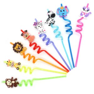 24 reusable jungle animal plastic straws for lion fox zebra giraffe safari birthday party supplies favors,woodland animal birthady party decorations straws with 4 cleaning brushes
