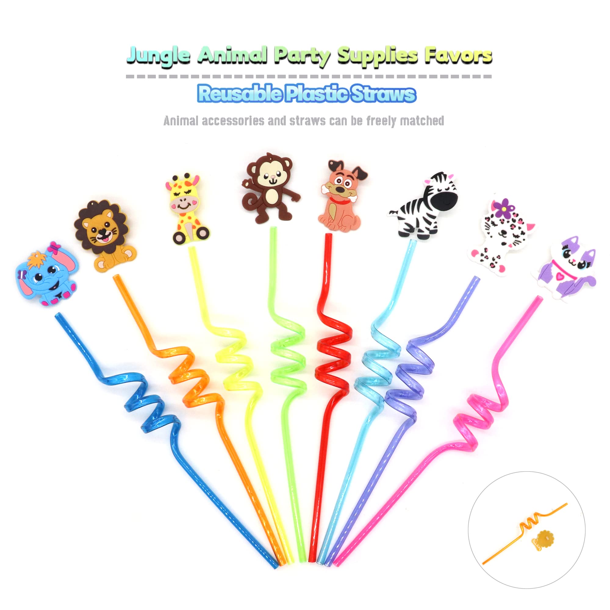 24 Reusable Jungle Animal Plastic Straws for Lion Fox Zebra Giraffe Safari Birthday Party Supplies Favors,Woodland Animal Birthady Party Decorations Straws with 4 Cleaning Brushes