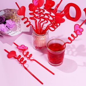 12pcs Valentine Reusable Straws Valentine's Day Plastic Straws Long Red Drinking Straws Heart Valentine's Day Party Straws for Valentine Wedding Party(Red, 12)