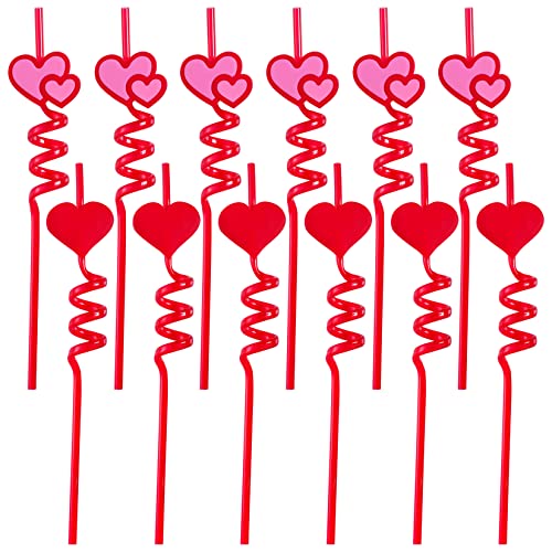 12pcs Valentine Reusable Straws Valentine's Day Plastic Straws Long Red Drinking Straws Heart Valentine's Day Party Straws for Valentine Wedding Party(Red, 12)