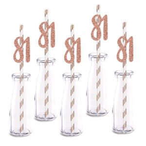 rose happy 81st birthday straw decor, rose gold glitter 24pcs cut-out number 81 party drinking decorative straws, supplies