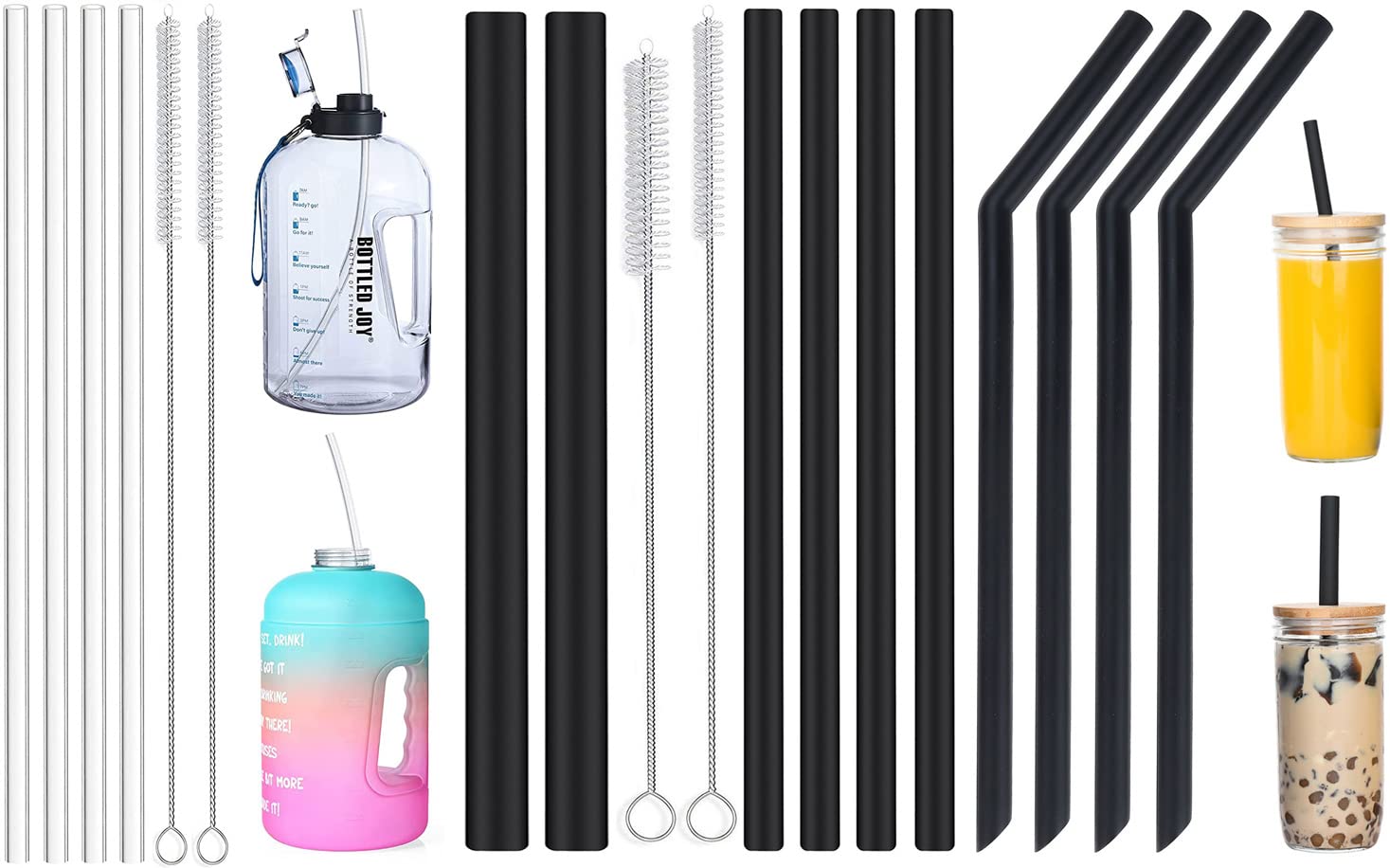 ALINK 15 IN Extra Long Silicone Straws + 10 Black Silicone Boba Smoothie Straws