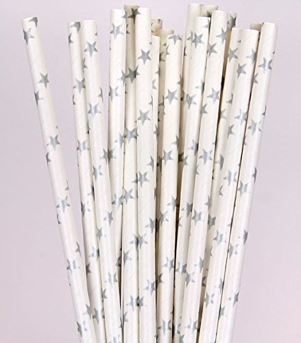 Paper Straws with Silver Stars - Holidays, Weddings, Showers - 100 pcs.