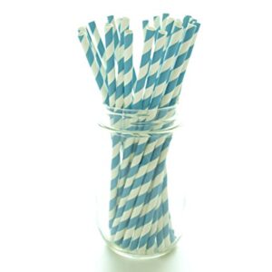 Aqua Blue Striped Drinking Straws - 25 Pack - Vintage Bulk Paper Straws, Aqua Blue Stripe Party Straws